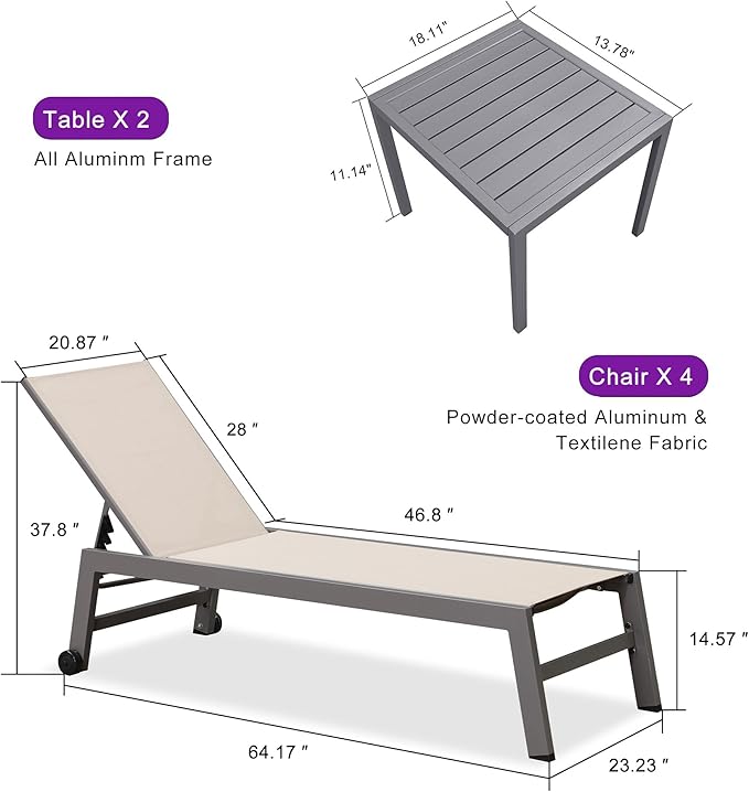 PURPLE LEAF 6-Piece Patio Chaise Lounge Outdoor Pool Lounge Chairs with Adjustable Backrest and Side Tables Aluminum Reclining Sunbathing Tanning Chair for Outside Poolside Yard Balcony, Khaki