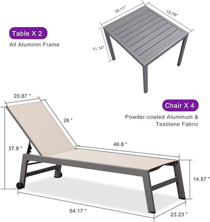 PURPLE LEAF 6-Piece Patio Chaise Lounge Outdoor Pool Lounge Chairs with Adjustable Backrest and Side Tables Aluminum Reclining Sunbathing Tanning Chair for Outside Poolside Yard Balcony, Khaki