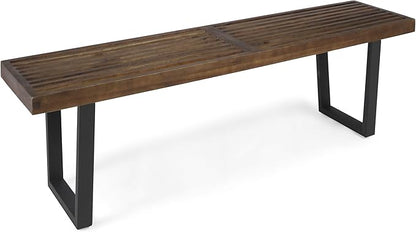 Merax 61.75" Acacia Wood Dining Bench with Iron Legs, Modern Indoor Outdoor Bench for Kitchen Table, Patio, Entryway, Brown and White