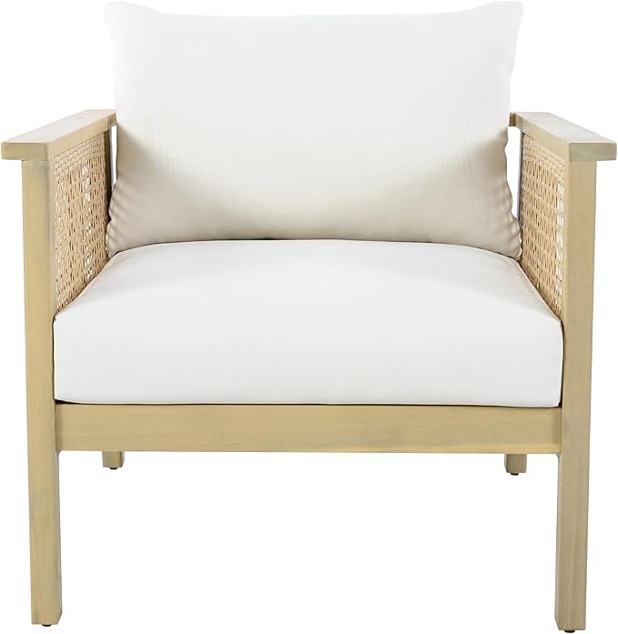 Merax Outdoor Acacia Wood Chair Set of 2 PE Wicker Club Chair Dining Chair with Waterproof Detachable Cushion - Photo 2