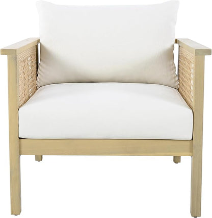 Merax Outdoor Acacia Wood Single Chair PE Wicker Club Chair Dining Chair with Waterproof Detachable Cushion, Light Teak Finish & Cream Cushion