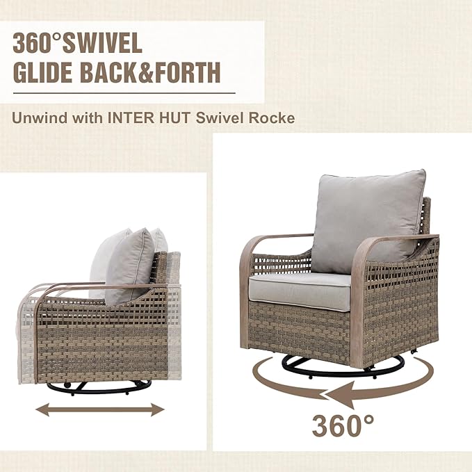 Modern Wicker Outdoor Swivel Rocking Chairs, Rattan Glider Rocker Chairs Patio Armchairs for Backyard, Deck, Porch, Garden, 4 Pieces, Brown/Gray