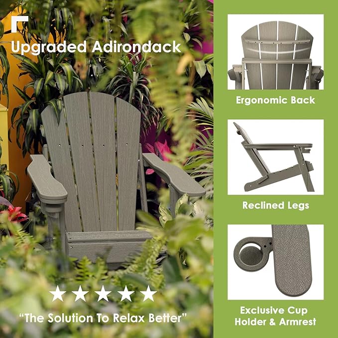 GREENVINES Folding-Adirondack-Chair-Set-of-4 | Wood Grain | HDPE Plastic | Fire Pit Chairs | All Weather | Cup Holder - Photo 4