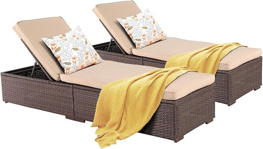 Patiorama Patio Chaise Lounge Chair, Sun Lounger, Outdoor Pool Beach Brown PE Rattan Wicker Reclining Chair W/Adjustable Backrest, Weather Cover, and Removable Cushion (Beige), Set of 2