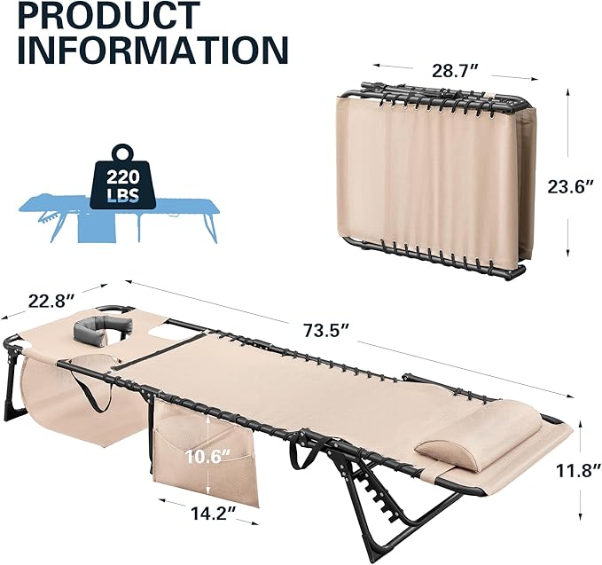 Greesum Chaise Lounge Folding Tanning Chair with 5 Position Adjustable Back, Detachable Pillow & Pocket for Outside Pool, Beach, Sunbathing, Beige w/Face Hole