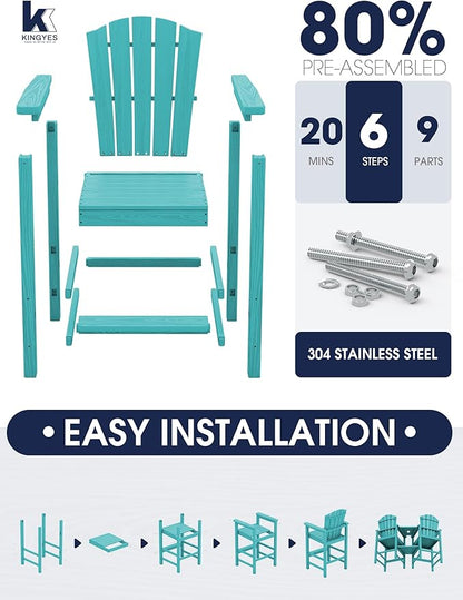 KINGYES Tall Adirondack Chair Set of 4 with 9FT Umbrella, HDPE Tall Adirondack Barstools with Double Connecting Trays, All Weather Resistant Embossed Bar Height Adirondack Chair, Aruba