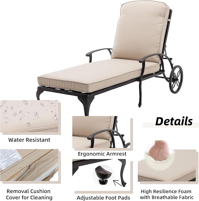 Chaise Lounge Patio Chair with Wheels, Adjustable Reclining Rust-Resistant Aluminum Cast Poolside Chaise Lounge Furniture, Waterproof Beige Cushion (1pc)