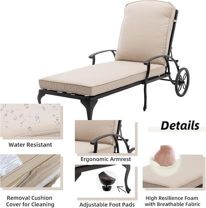 Chaise Lounge Patio Chair with Wheels, Adjustable Reclining Rust-Resistant Aluminum Cast Poolside Chaise Lounge Furniture, Waterproof Beige Cushion (1pc)