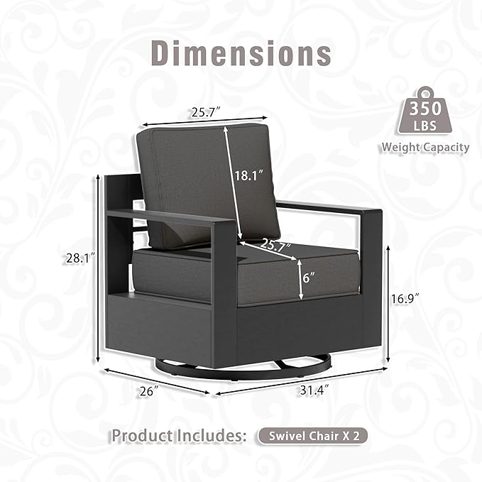 Outdoor Aluminum Furniture Set, 3-Piece Patio Conversation Set, 2 Swivel Chairs and 1 Sofa, All-Weather Metal Frame, 6" Thick Removable Cushions, Deep Setting for Garden, Poolside and Porch