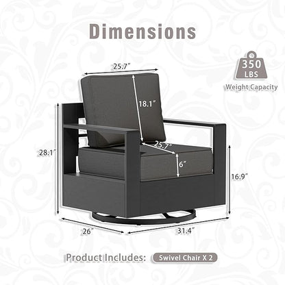 Outdoor Aluminum Furniture Set, 3-Piece Patio Conversation Set, 2 Swivel Chairs and 1 Sofa, All-Weather Metal Frame, 6" Thick Removable Cushions, Deep Setting for Garden, Poolside and Porch