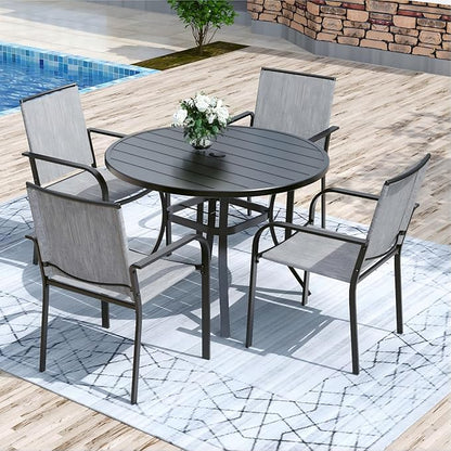 Round Outdoor Dining Table, 41-inch All-Weather Patio Table with Adjustable Umbrella Hole for Deck Lawn Garden Backyard Balcony Deck, Black Metal Frame Slatted Tabletop
