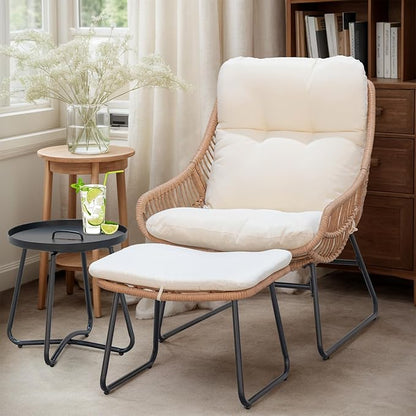 Outdoor Wicker Papasan Egg Chair with Ottoman, Patio Basket Lounge Chair Indoor Egg-Shaped Rattan Reading Lounger with Thick Cushion and Table for Living Room Bedroom Balcony Porch, Beige
