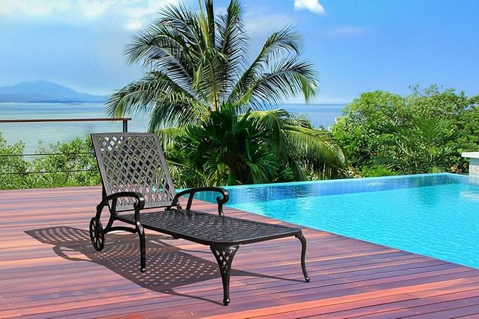 KEIKI Chaise Lounge Chair Outdoor, Aluminium Cast Patio Chaise Lounge with Adjustable Backrest and Moveable Wheels, Outside Tanning Chair, Brown (Side Table Not Included)