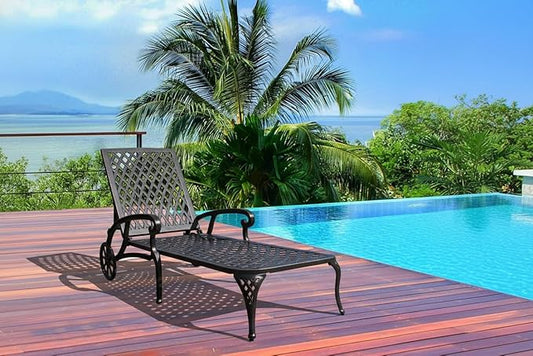 KEIKI Chaise Lounge Chair Outdoor, Aluminium Cast Patio Chaise Lounge with Adjustable Backrest and Moveable Wheels, Outside Tanning Chair, Brown (Side Table Not Included)
