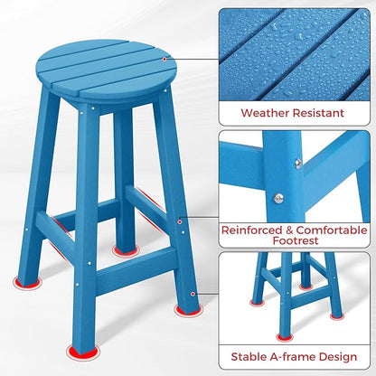 Costaelm 24" Height Outdoor Bar Stools, All-Weather Bar Stools, Adirondack Poly Patio Round Bar Stool for Patio, Deck, Kitchen Counter and Garden, Pacific Blue