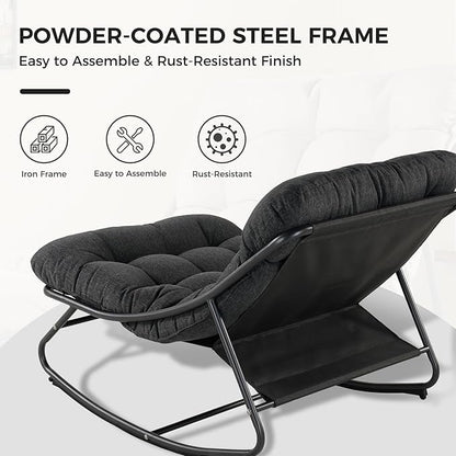 Grand patio Rocking Chair with Foot Stool, Metal Outdoor Rocking Chair with Cushion and Foot Rest, Comfy Lounge Rocker for Living Room Porch Patio, Dark Gray