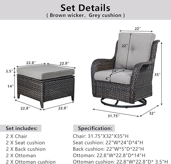 Belord Outdoor Swivel Chairs Set of 2, Patio Wicker Rocker Chairs with Ottomans - Photo 9