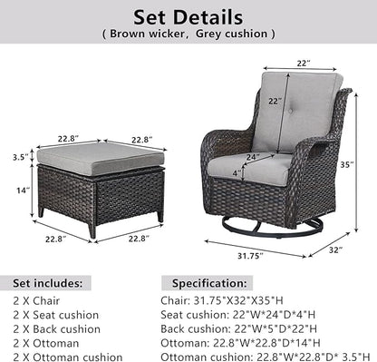 Belord Outdoor Swivel Chairs Set of 2,Patio Wicker Rocker Chairs with Ottomans, All Weather Patio Conversation Furniture Set, Ideal for Porch Balcony Deck Yard, Brown Wicker/Gray