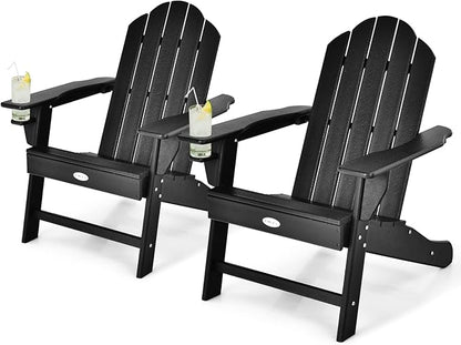 Tangkula Adirondack Chair Outdoor, Fade Resistant HDPE Armchairs with Cup Holder, Weather Resistant Lounger Chairs for Patio Garden Backyard Deck, Lawn Porch Seating, Adirondack Lounger (1, Black)