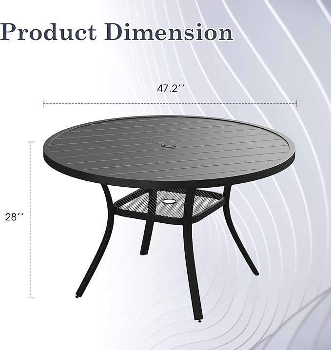 Outdoor Dining Table for 6, 47.2" Round Outdoor Table with Adjustable Umbrella Hole, All-Weather Metal Patio Dining Table for Lawn Garden Backyard Deck, Black
