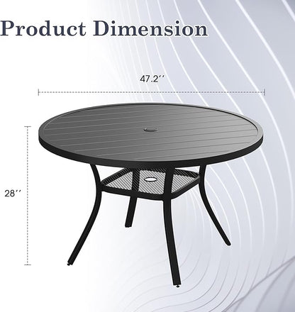 Outdoor Dining Table for 6, 47.2" Round Outdoor Table with Adjustable Umbrella Hole, All-Weather Metal Patio Dining Table for Lawn Garden Backyard Deck, Black