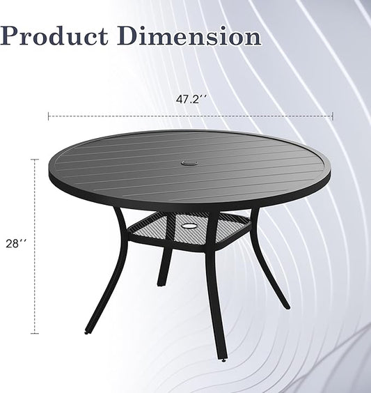 Outdoor Dining Table for 6, 47.2" Round Outdoor Table with Adjustable Umbrella Hole, All-Weather Metal Patio Dining Table for Lawn Garden Backyard Deck, Black