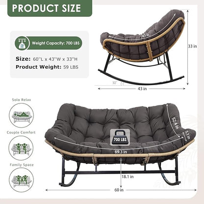 RADIATA Oversized Double Papasan Rocking Chair, Extra Large Recliner Glider with Cozy Cushion, 2 Person Egg Lounger Chairs, PE Wicker Big Loveseat for Indoor Outdoor Porch Patio, Dark Grey