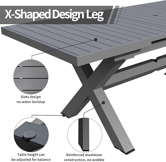 TWT Expandable Table Dining Set for 6 to 10, Aluminum Outdoor Dining Table, Rectangular Patio Metal Table with Umbrella Hole for Backyard Porch, Poolside ＆ Garden, Easy Assembly, Dark Grey