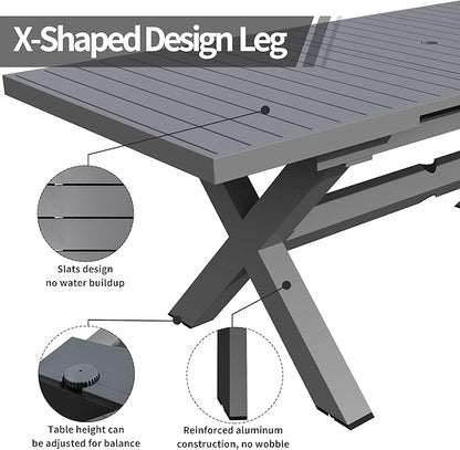 TWT Expandable Table Dining Set for 6 to 10, Aluminum Outdoor Dining Table, Rectangular Patio Metal Table with Umbrella Hole for Backyard Porch, Poolside ＆ Garden, Easy Assembly, Dark Grey