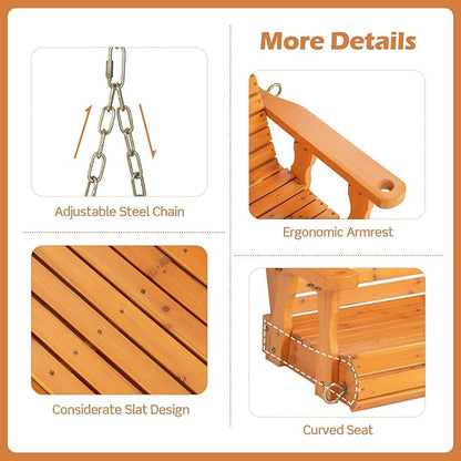 Giantex Wooden Porch Swing 2 Seat - Outdoor Swinging Chairs with Hanging Chains, 600 lbs Weight Capacity, 4 FT Finished Fir Wood Bench Swing for Patio, Outside, Garden, Lawn, Backyard (Orange)