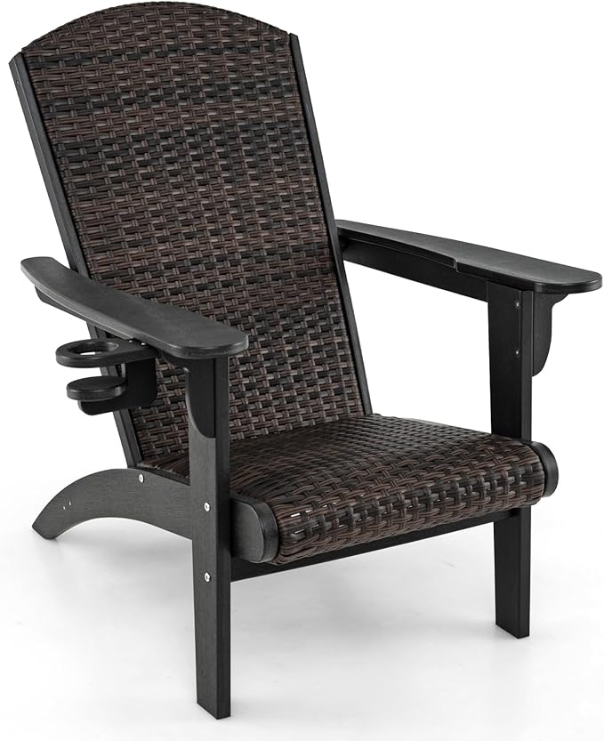 Tangkula Patio Wicker Adirondack Chair, HDPE Lounge Chair w/Rattan Padded Seat & Back, Wide Armrests & Hidden Cupholder, Outdoor All-Weather Adirondack Fire Pit Chair for Backyard, Lawn (1, Black)