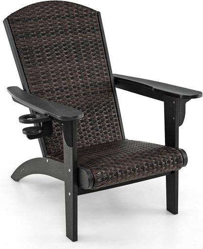 Tangkula Patio Wicker Adirondack Chair, HDPE Lounge Chair w/Rattan Padded Seat & Back, Wide Armrests & Hidden Cupholder, Outdoor All-Weather Adirondack Fire Pit Chair for Backyard, Lawn (1, Black)