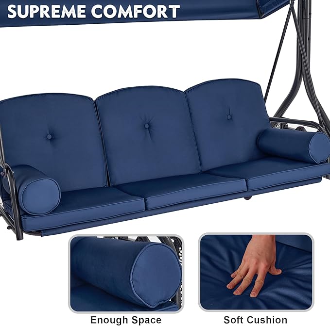 HOMREST 3 Seat Outdoor Porch Swing with Adjustable Canopy, Convertible Patio Swing Bed with Stand - Photo 6