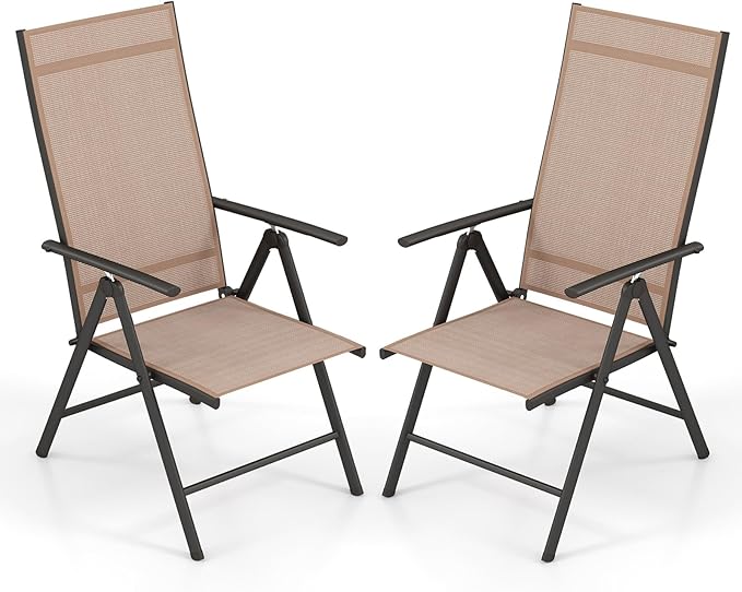 Giantex 2 Pack Folding Patio Chairs, High Back Outdoor Chairs with 7-Level Adjustable High Backrest, Portable Reclining Chairs for Lawn Porch Garden Poolside Camping, No Assembly, Brown