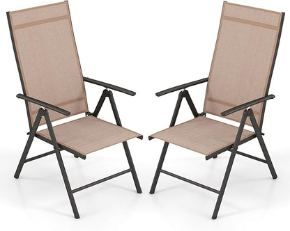 Giantex 2 Pack Folding Patio Chairs, High Back Outdoor Chairs with 7-Level Adjustable High Backrest, Portable Reclining Chairs for Lawn Porch Garden Poolside Camping, No Assembly, Brown
