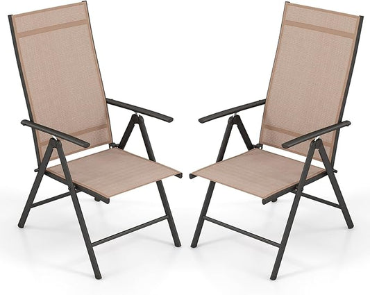 Giantex 2 Pack Folding Patio Chairs, High Back Outdoor Chairs with 7-Level Adjustable High Backrest, Portable Reclining Chairs for Lawn Porch Garden Poolside Camping, No Assembly, Brown