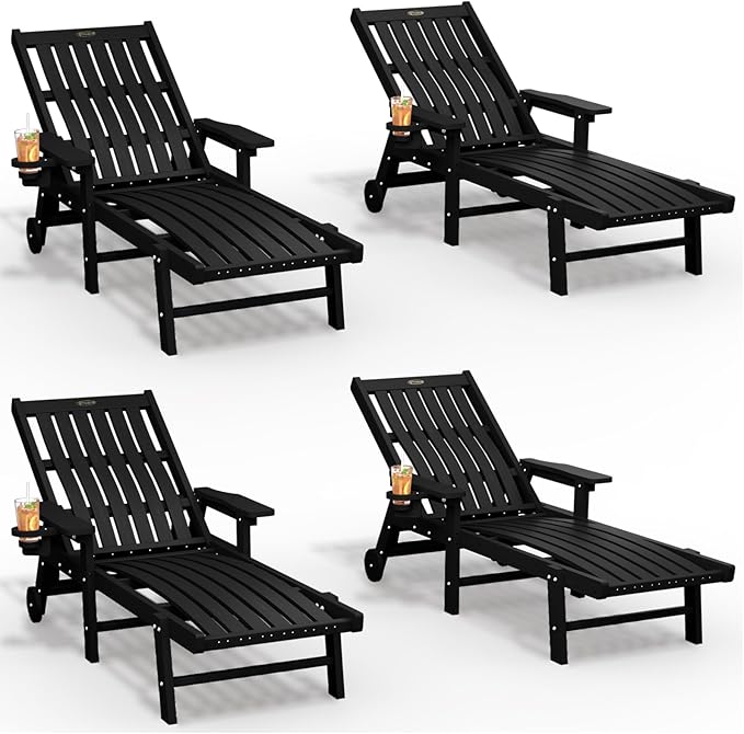 THOEOE Patio Chaise Lounge Chair Set of 4, Oversized Lounge Chair Outdoor with 5 Positions, HDPE, Patio Lounge Chair with Wheels & Cup Holder for Pool, Deck, Poolside,Black