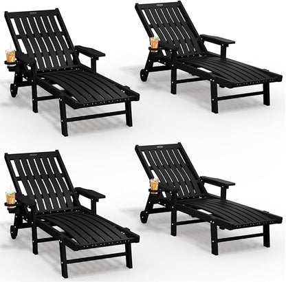 THOEOE Patio Chaise Lounge Chair Set of 4, Oversized Lounge Chair Outdoor with 5 Positions, HDPE, Patio Lounge Chair with Wheels & Cup Holder for Pool, Deck, Poolside,Black