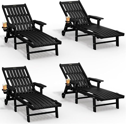 THOEOE Patio Chaise Lounge Chair Set of 4, Oversized Lounge Chair Outdoor with 5 Positions, HDPE, Patio Lounge Chair with Wheels & Cup Holder for Pool, Deck, Poolside,Black