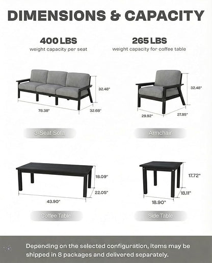 HDPE 5 Piece Patio Furniture Set, Outdoor Couch with Washable Thick Gray Cushions & Coffee Table & Side Table, Outdoor Sectional Furniture for Backyard, Deck, Lawn, Porch (Black Frame)