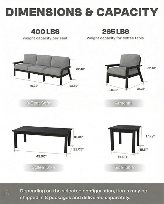 HDPE 5 Piece Patio Furniture Set, Outdoor Couch with Washable Thick Gray Cushions & Coffee Table & Side Table, Outdoor Sectional Furniture for Backyard, Deck, Lawn, Porch (Black Frame)