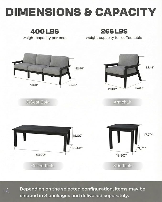 HDPE Patio Furniture Set with Cantilever Umbrella, Outdoor Couch with Washable Thick Gray Cushions & Tables, Outdoor Sectional Furniture for Deck, Lawn, Porch (Black Frame)
