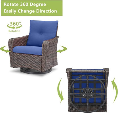 Rilyson Outdoor Patio Swivel Rocker Chairs - 4 PC Wicker Rattan Patio Rocking Glider Chair Set with High Back,Comfy Cushions and Deep Seating for Porch Deck Backyard Garden(Brown/Blue)