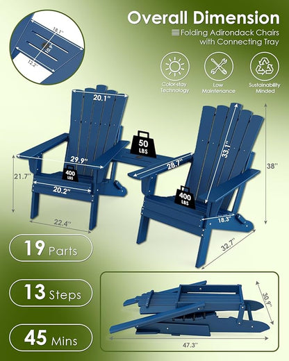 GREENVINES Folding-Adirondack-Chairs-Set-of-2 | HDPE Plastic | Throne Series | Fire Pit Chair | with Connecting Tray | Removable Table | All Weather | for Outdoor Patio Deck Poolside | Blue