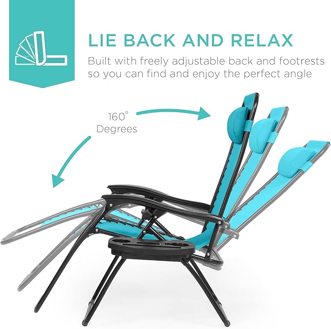 Best Choice Products Set of 2 Adjustable Steel Mesh Zero Gravity Lounge Chair Recliners w/Pillows and Cup Holder Trays - Photo 4