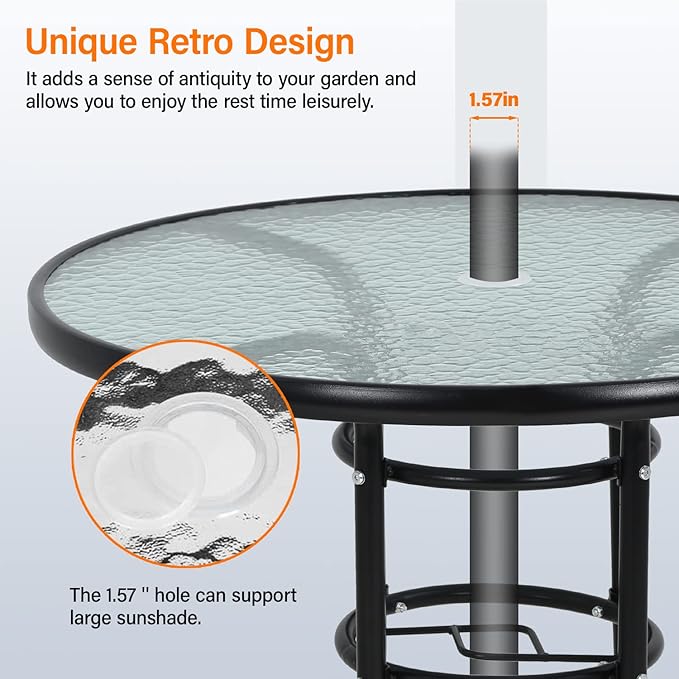 Outdoor Table Patio Table Dining Table with Tempered Glass Umbrella Hole for Lawn Balcony, Yard (Round) - Photo 5