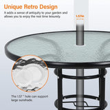 Outdoor Table Patio Table Dining Table with Tempered Glass Umbrella Hole for Lawn Balcony, Yard (Round) - Photo 5