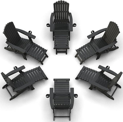 ZHUSI Folding Adirondack Chairs Set of 6 with Retractable Ottoman, Adjustable Adirondack Chair with 2 Cup Holders, Outdoor Chairs for Porch Patio Lawn Balcony Weather Resistant, Black