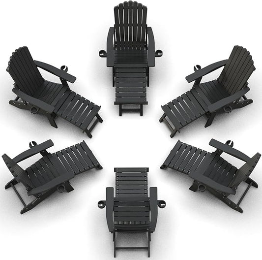 ZHUSI Folding Adirondack Chairs Set of 6 with Retractable Ottoman, Adjustable Adirondack Chair with 2 Cup Holders, Outdoor Chairs for Porch Patio Lawn Balcony Weather Resistant, Black
