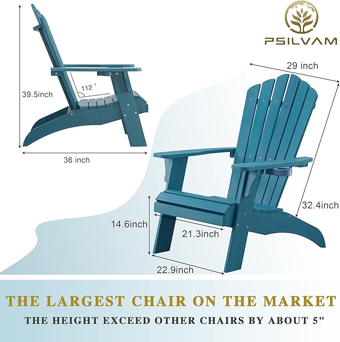 Psilvam Adirondack Chair, Oversized Poly Lumber Fire Pit Chair with Cup Holder, 350Lbs Support Patio Chairs for Garden, Weather Resistant Outdoors Seating, Relaxing Gift for Father & Mother (1,Blue)